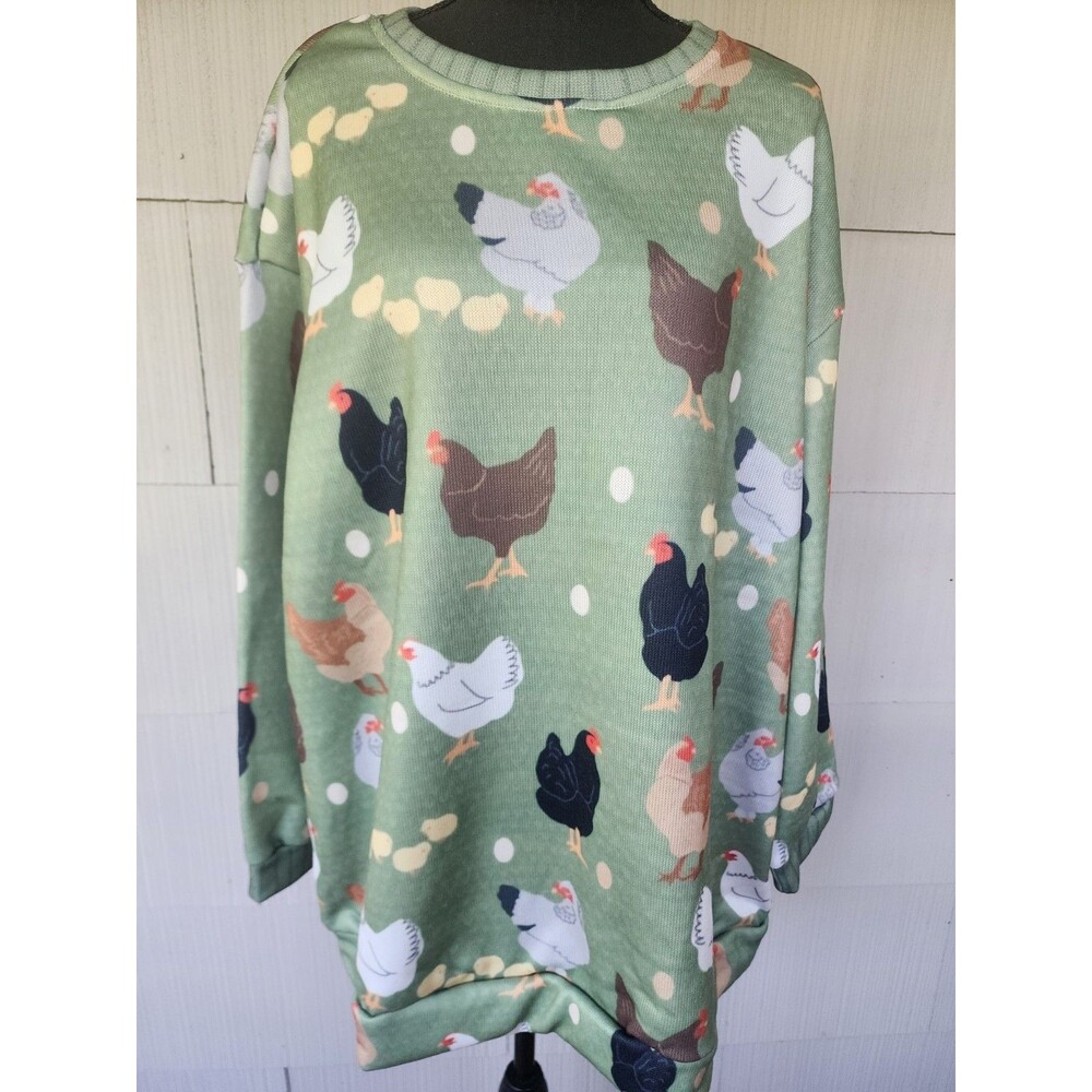 Green Chicken Rooster Eggs Chicks Sweater Pullover Women's Size 3X - READ-